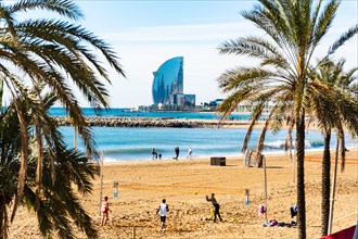 View from the Olympic harbour to the city beach of Barcelona