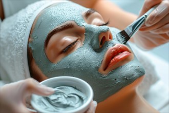 Cosmetician applying green clay beauty skin care face mask on woman's face. KI generiert,