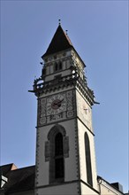 Town Hall Tower Old Town Hall, Passau, Medieval tower with a large clock and blue sky, Passau,