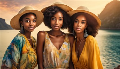 Three fashionable women in summer attire posing together during golden hour on a tropical vacation,