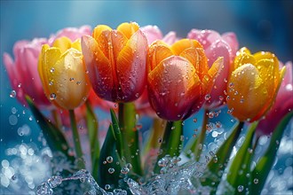 Close-up of radiant pink and orange tulips with fresh water droplets on them, AI generated