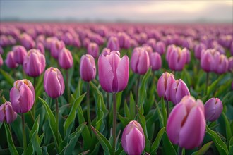A field of pink tulips under soft dusk light, AI generated