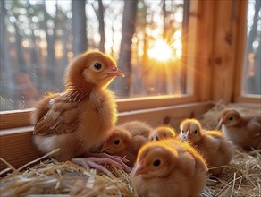 Young chicks huddled together in a cozy wooden enclosure at sunrise, AI generiert, AI generated