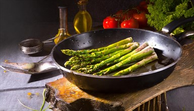 Fresh asparagus in a rustic pan surrounded by tomatoes and spices, green asparagus, asparagus