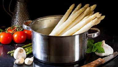 A pot of asparagus and fresh vegetables on a dark background, fresh white asparagus in a cooking