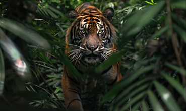 A Sumatran tiger in jungle foliage AI generated