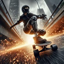 A person with a bionic leg skateboarding on an urban street with sparks flying around, AI generated