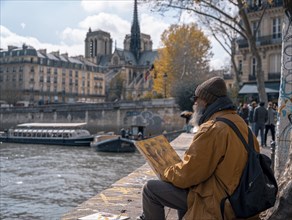 Person liest ein Buch am sonnigen Seine-Ufer mit Blick auf die Notre-Dame, Lifestyle in Paris,