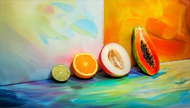 Sliced fruits arranged on a vibrantly painted canvas with textured oil paints, horizontal, AI