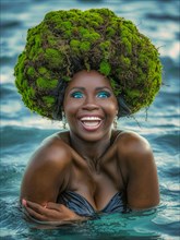 Refreshed woman in black swimsuit with moss hair, vibrant ocean at dusk, earth day concept, AI