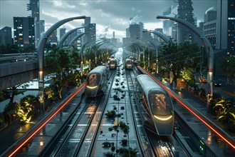 Futuristic monorail trains on elevated tracks surrounded by urban greenery at dawn, AI generated