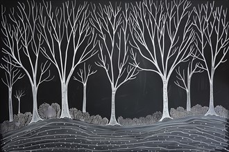 Stark black and white line art of barren trees against a winter night background, illustration, AI