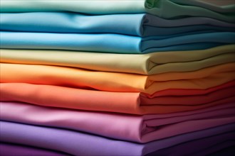 Stack of folded colorfull clothing or fabric sheets. KI generiert, generiert, AI generated