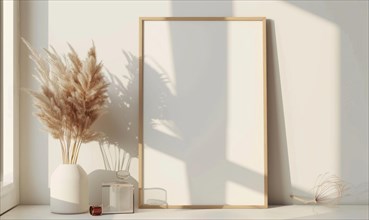 Flat background with blank poster mockup and dry grass in vase AI generated