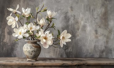Magnolia blossom bouquet in a vintage vase on a wooden table AI generated