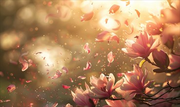 Magnolia petals gently falling from a tree in a spring breeze, nature background AI generated