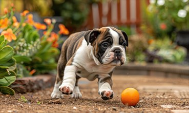 Playful bulldog puppy chasing a ball in a backyard garden AI generated