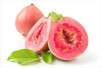 Fresh Guava Halves Amidst Vibrant Leaves, AI generated