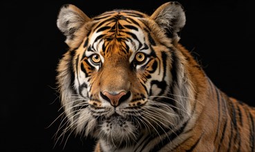 Close-up of a Bengal-Siberian tiger hybrid in studio lighting, tiger on black background AI