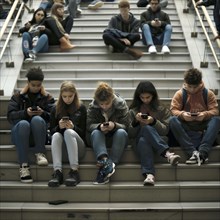 Young people sit quietly on stairs and look at their smartphones in a public facility, AI generated