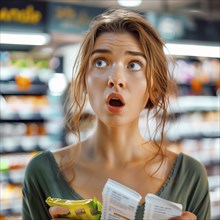 A young woman is shocked while reading labels in a grocery shop, AI generates, AI generated