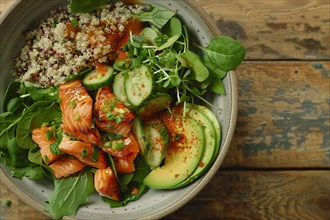 Healthy dish with salmon, avocado, quinoa, and greens arranged on a rustic wooden surface, AI