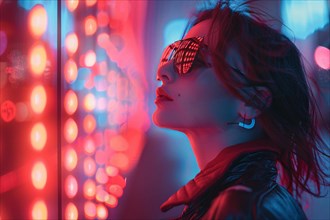 Stylish woman with reflective sunglasses surrounded by city neon lights at night, AI generated