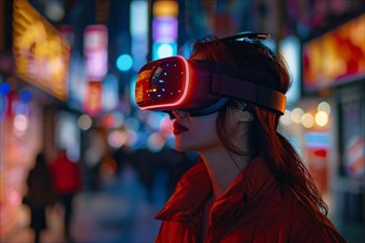 Woman in a red jacket experiencing virtual reality with a neon-lit cityscape behind her, AI