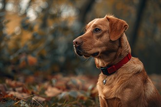 A dog with a red collar gazes attentively amidst autumn leaves, AI generated