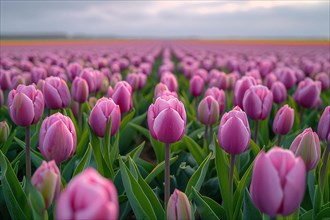 Field of pink tulips under a dusky sky, AI generated