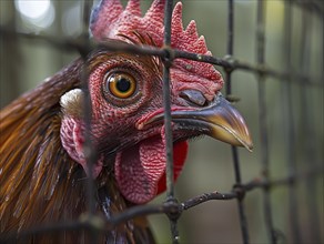 Detailed view of a chicken's head behind a wire fence, AI generiert, AI generated