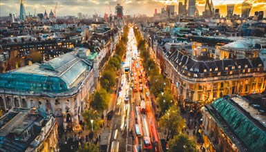 Golden hour view of bustling city streets from an aerial perspective with vivid colors, rush hour