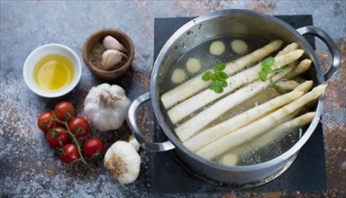 Asparagus in a cooking pot with olive oil and spices on a stone surface, fresh white asparagus in a