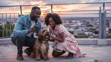 Couple enjoying a romantic moment with their dog on a city rooftop at dusk, AI generated