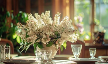 A floral arrangement featuring white flowers on a dining table AI generated