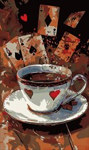 A cup of coffee is on a table with four playing cards in the background. The image has a playful