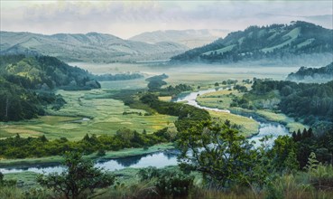 A watercolor illustration of valley with calm river flowing through verdant fields AI generated