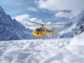 Gelber Hubschrauber auf schneebedeckter Landeflaeche mit eindrucksvollen Bergen und blauem Himmel,