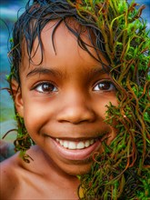 A joyous child with seaweed in hair sporting a bright smile in a playful close-up, earth day
