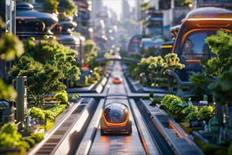 Futuristic transportation pod gliding through a lush cityscape in the morning, AI generated