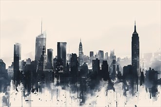 Cityscape with a watercolor effect in cool tones giving an urban feel, illustration, AI generated