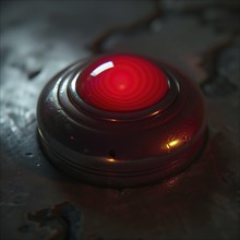 An illuminated red emergency button in a dark environment, AI generated