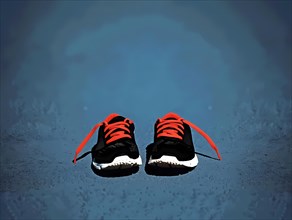 Pair of stylish sneakers with red accents on a reflective surface, illustration, AI generated