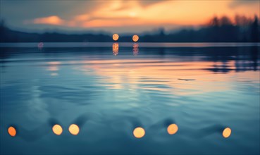 Bokeh lights reflecting off the surface of a calm lake at twilight AI generated