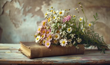 Bouquet of wildflowers placed on top of an antique book AI generated