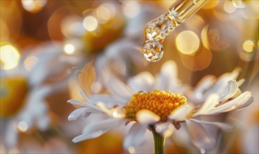 Chamomile essential oil droplets on chamomile flowers, nature beauty background AI generated