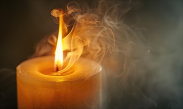 Close-up of a candle with wisps of smoke rising from the flame AI generated