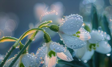 Close-up of snowdrops with dewdrops, spring nature background AI generated