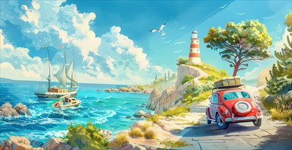 Rest on sea cost. A tranquil coastal scene with a red vintage car, a sailboat on the sea, and a