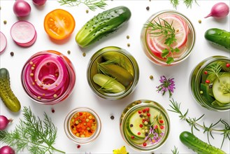 Variety of pickled vegetables in jars neatly arranged from an overhead perspective, AI generated